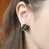 Серьги 1:1 STAINLESS STEEL Камелия черная медицинская сталь позолота 14К (ЛИМОНКА) А/В 11-0073